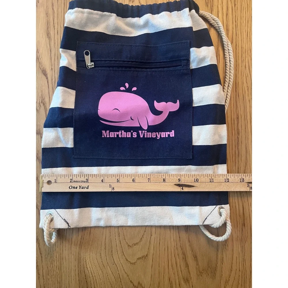 Martha's Vineyard Canvas Drawstring Backpack Navy White Striped Pink‎ Whale Bag